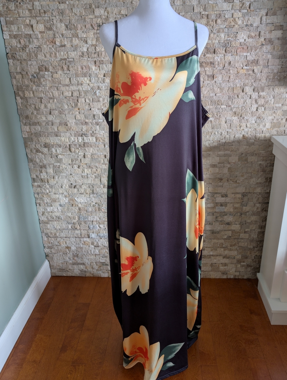 Women Plus Size Summer Floral Spaghetti Strap Maxi Dress Black Graphic Print 4XL